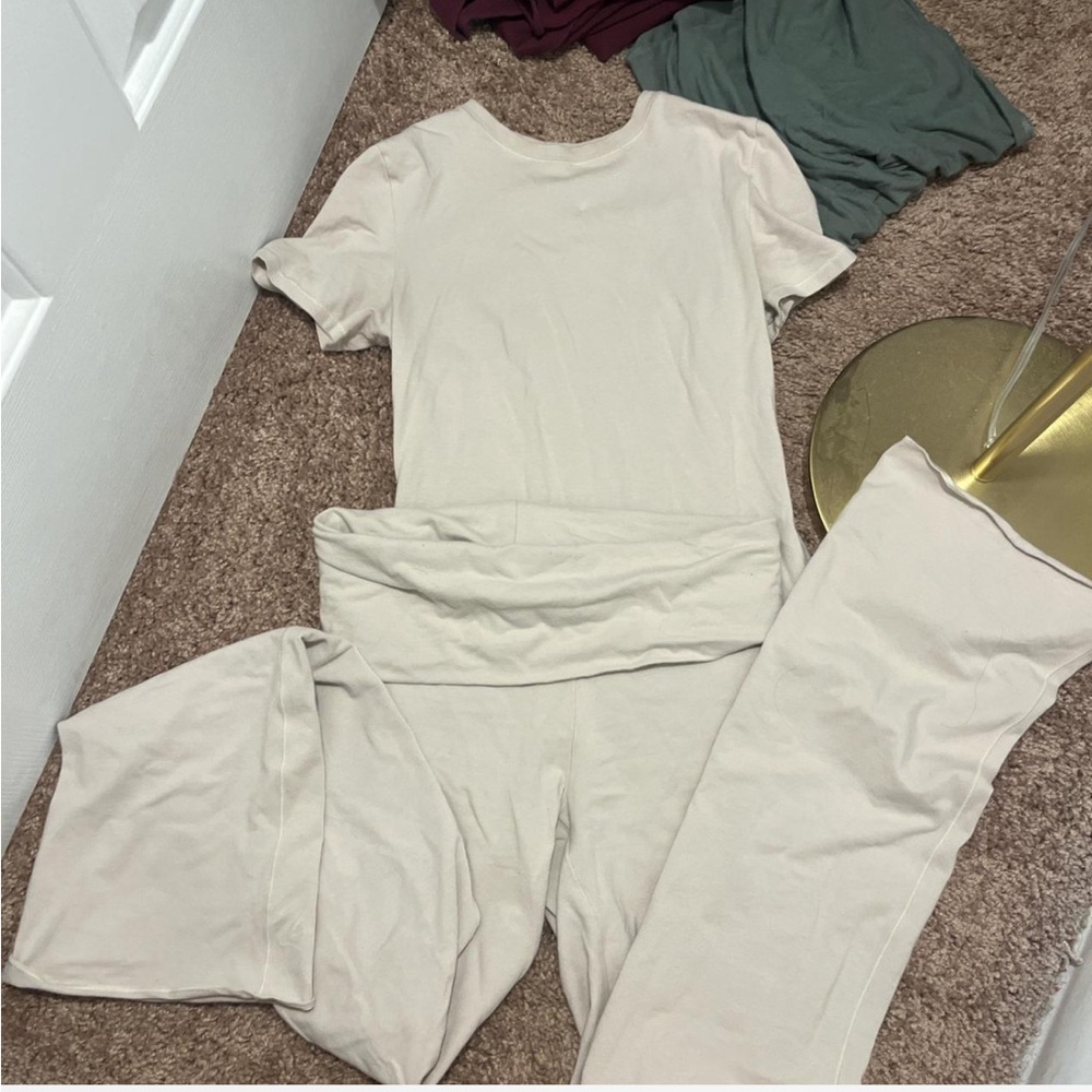 SKIMS NWOT cream / white foldover pants and t set
